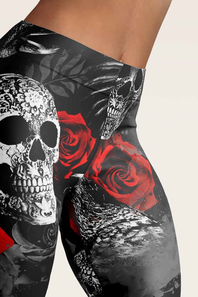 Red Rose Skull Leggings – Black Bulk